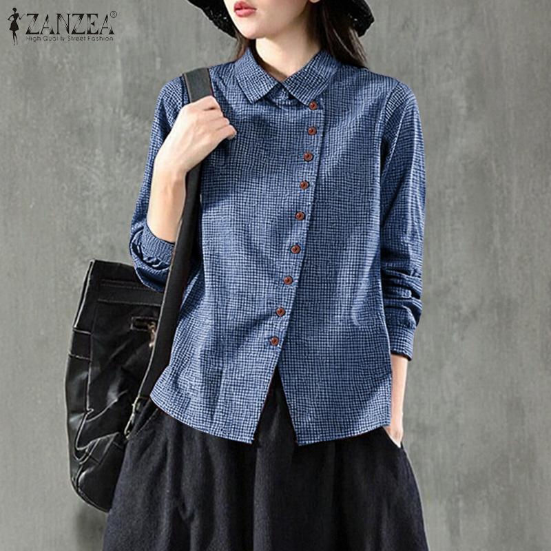 ZANZEA Women Turn Down Collar Long Sleeve Plaid Print Casual Blouse