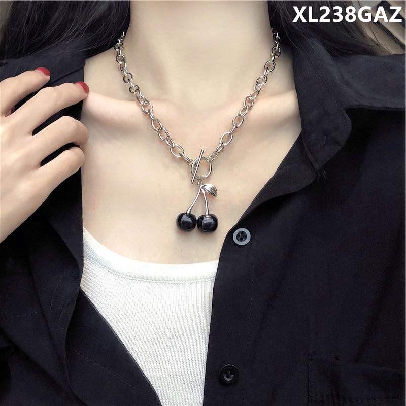 Women's Hip Hop Style Black Cherry Titanium Steel Clavicle Necklace - Versatile and Cool Fashion Accessory.