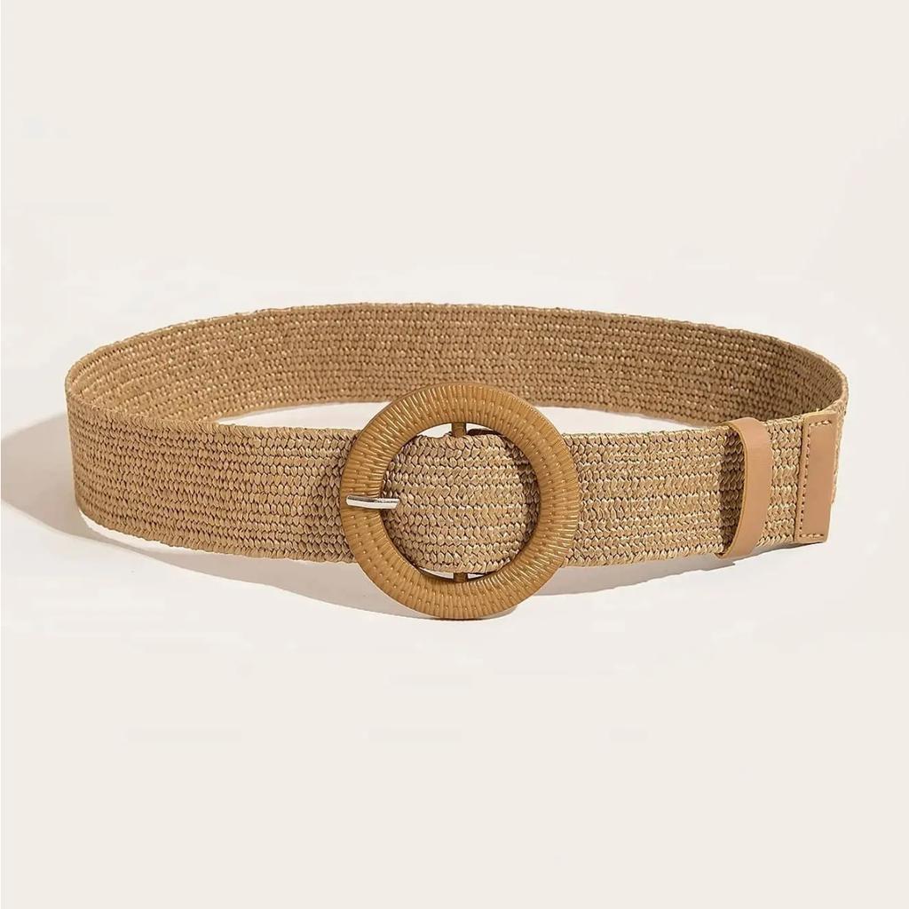 1pc Women Round Buckle Boho Straw Belt For Beach Ellipse Buckle Bead Decor Bohemian Woven Belt For Holiday