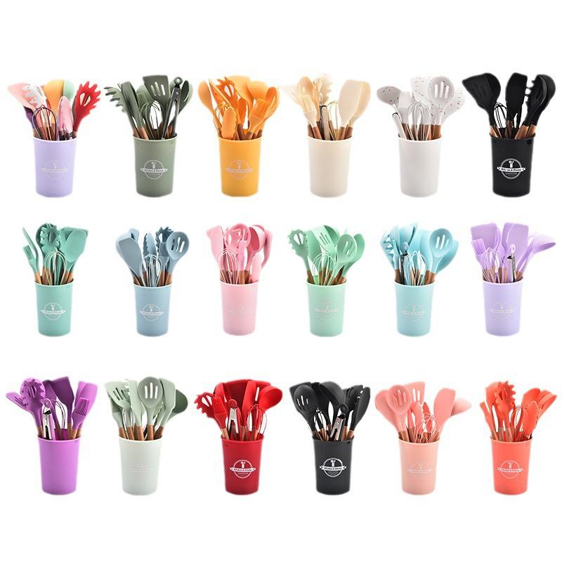 12-teiliges Silikon-Küchenutensilien-Set mit Holzgriffen und Aufbewahrung