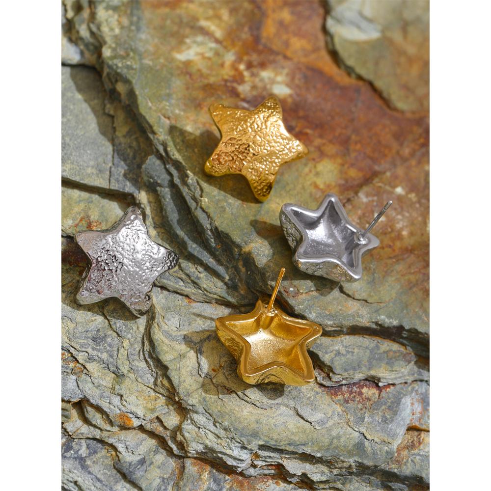 Yhpup Vintage Golden Stainless Steel Metal Hammer Star Stud Earrings Water Resistant PVD Charm Fashion Jewelry Accessories Gift