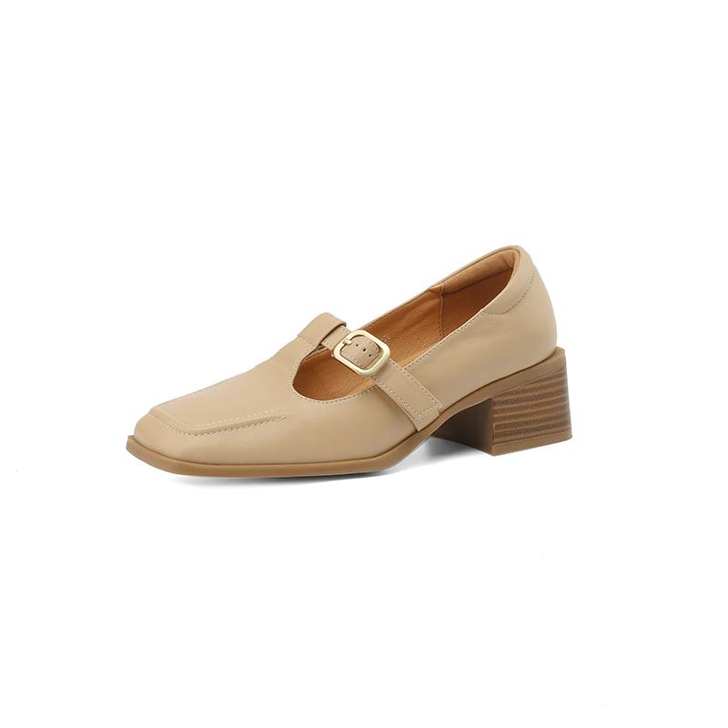 Cow Leather Square Toe Thick Med Heels Autumn Shoes Mary Janes Metal Decoration Solid Women Pumps