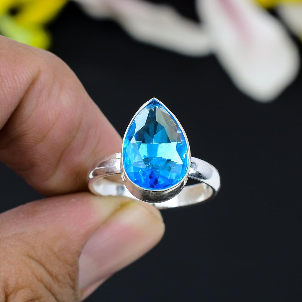 Blue Topaz Gemstone Handmade 925 Sterling Silver Jewelry Ring Size 9.5 KG-348