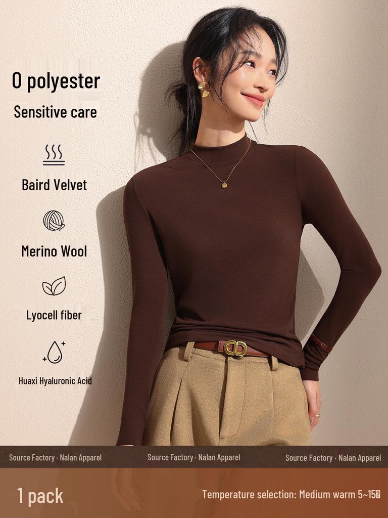 Women's Black Fleece-Lined Half-High Neck Base Layer Knit Top - Thickened Long Sleeve for Autumn/Winter 2026