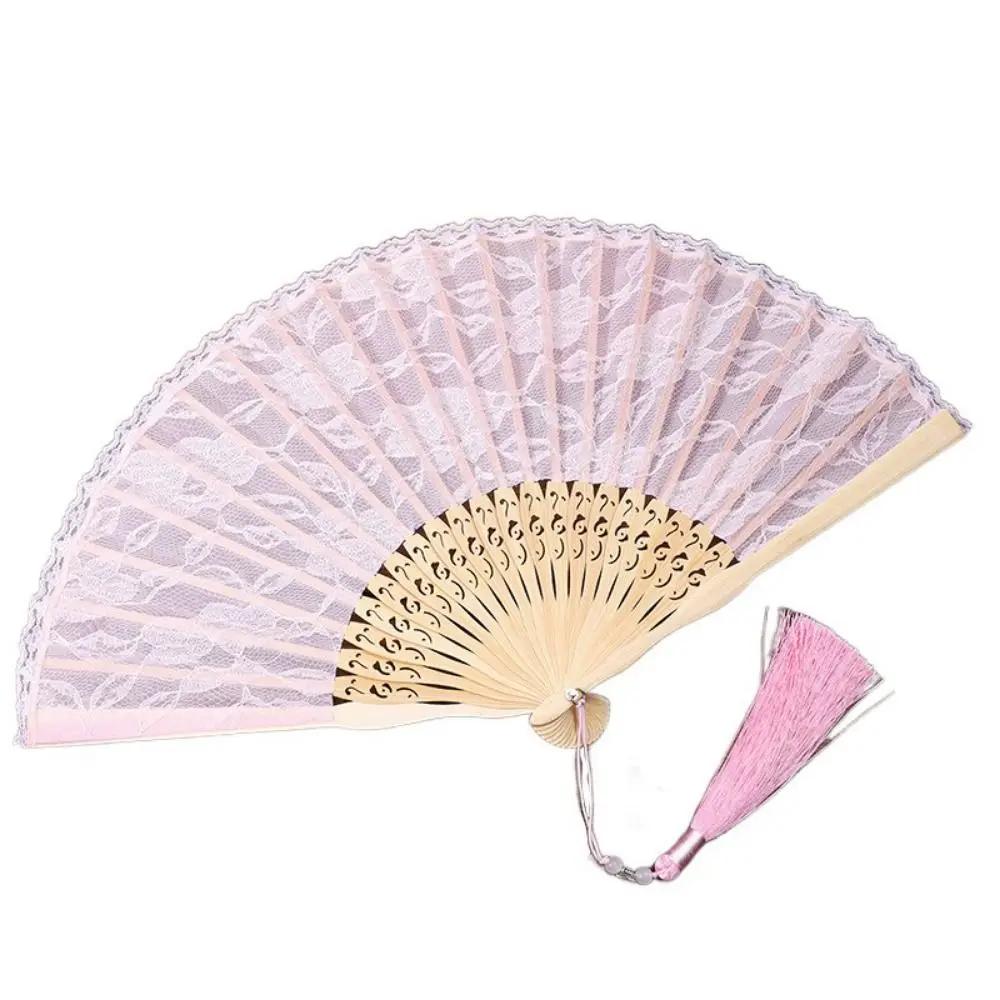Elegant Portable Folding Fan Fan Flowers Pattern Lightweight Lace Handheld Fans Durable Tassel Pendent Chinese Fan Women