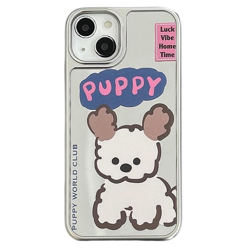 

For iPhone 13 Case PC+TPU Phone Cover Silver Edge Pattern Design Mirror Puppy Dog