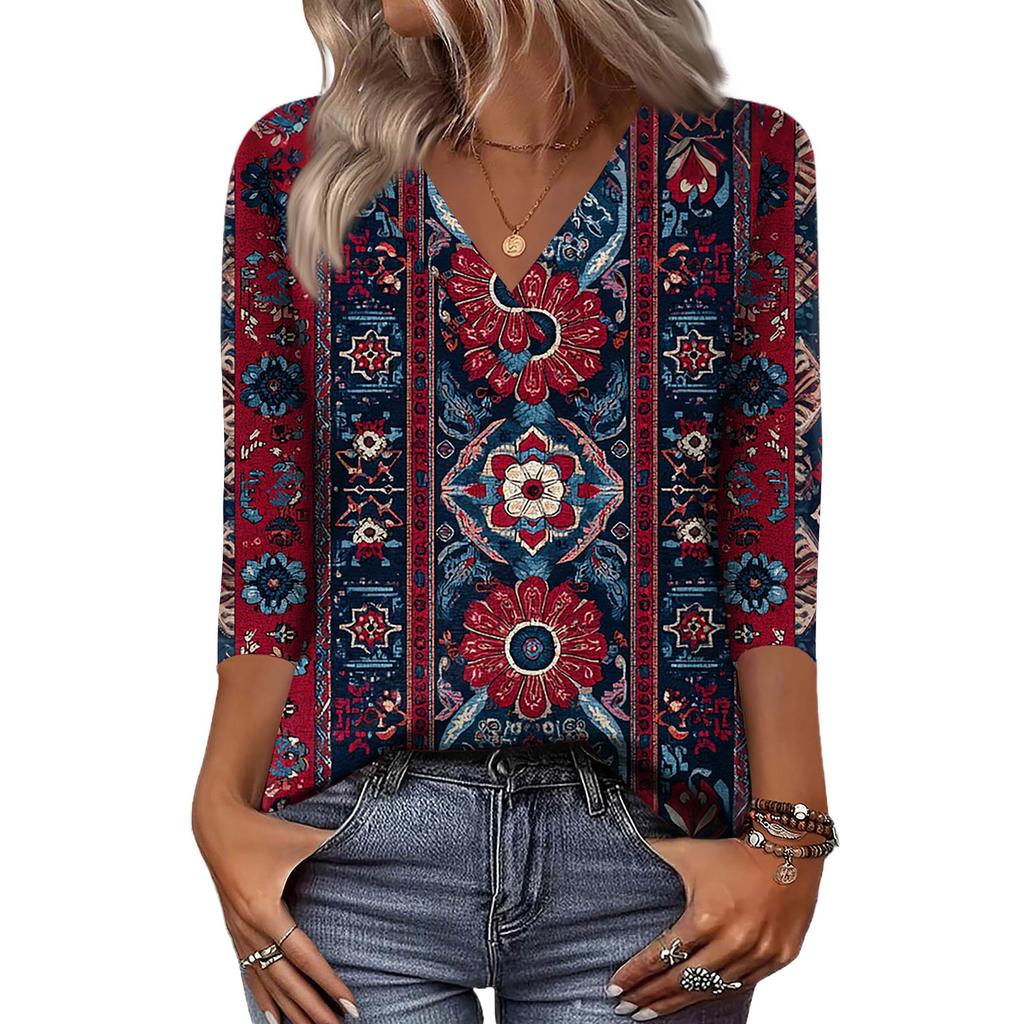 Women's 3/4 Sleeve Shirts V Neck Print Tops Casual Tops Basic Tees Blouse Loose Tops