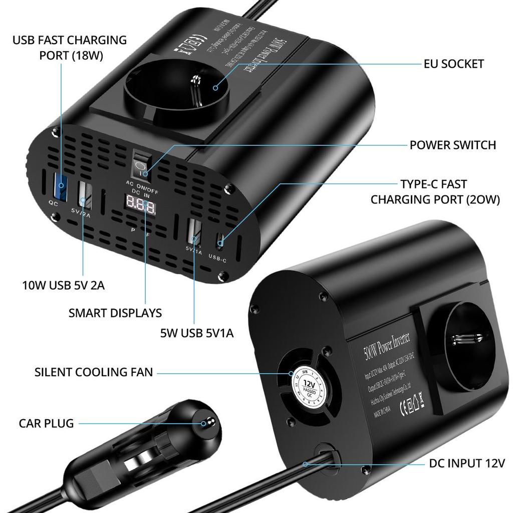 European Standard Modified Sine Wave Inverter 300/500W, Car Power Converter 12V to 220V