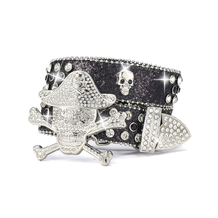 Rhinestones Studded Pirate Buckle Belt for Adult Teens Street Waistband for Pants Shimmering Waiststrap Waist Ornament