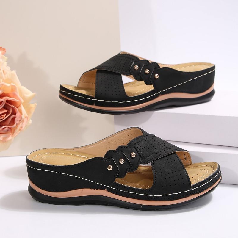 Slope Heel Flat Bottom Casual Slippers Women's New Cross Strap Solid Color Large Size Versatile Shoes