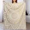 Gold Mandala Pattern Illustration With White Shimmer Throw Blanket Stylish Couch Blanket for Home Living Room