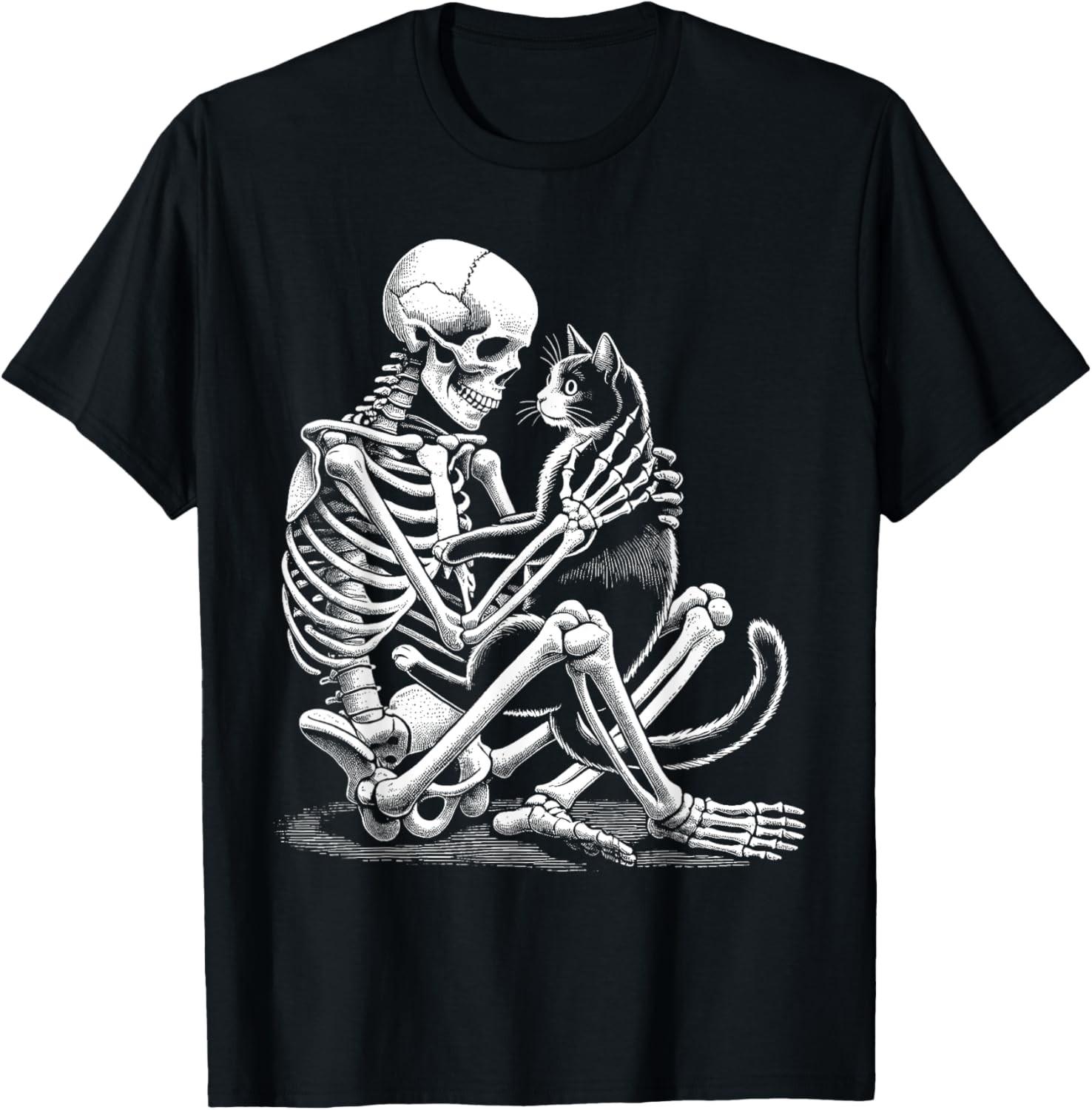 Skeleton Holding A Cat Funny Lazy Halloween Costume Skull T-Shirt S