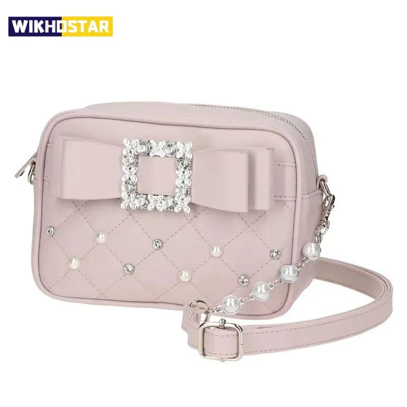 Sweet Knot Pearl Oulder Crossbody Bag Diamond Id Pattern Small Square Bag Faionable for Young Women Pearl Shoulder Rhinestones
