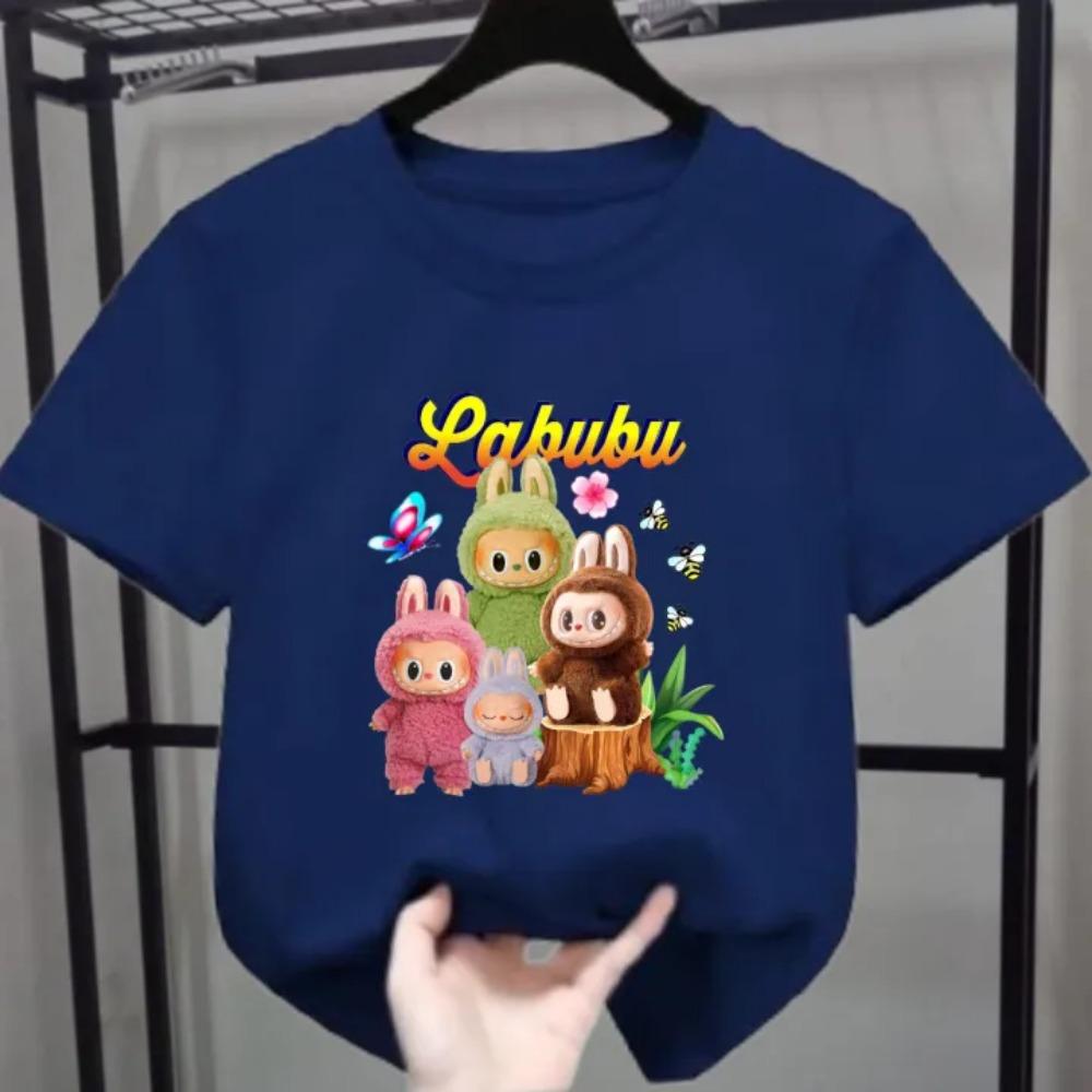New Labubu Children's T-shirt LABUBU with Cute Butterfly Cartoon Pattern Girl Round Neck Short Sleeved Casual Versatile Clothing