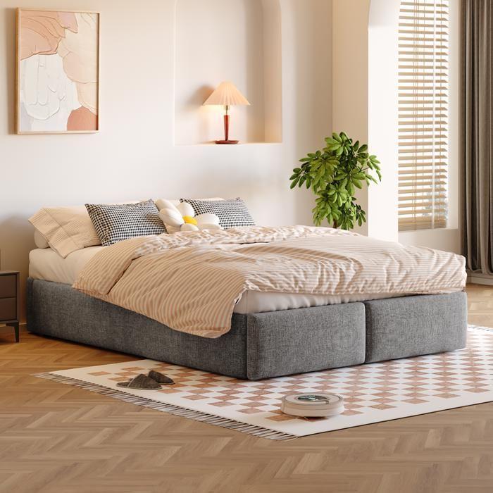 Upholstered Bed - MUVOE - 140x200cm - Hydraulic Support - 2 Drawers - Grey