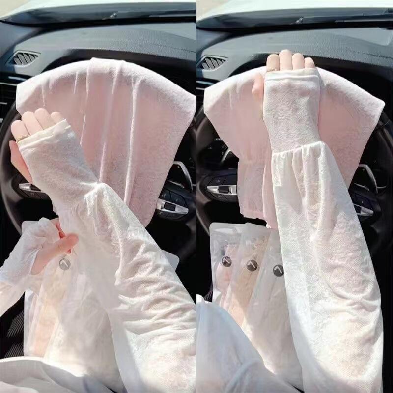 Women's Lace Trim Ice Silk Arm Sleeves Loose Fit Sun Protection for Driving Cycling