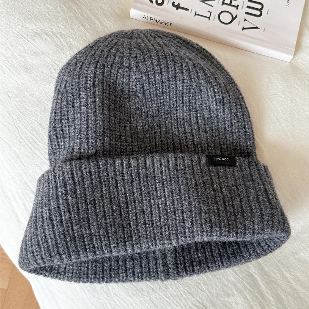 European and American Wool Hats In Autumn and Winter Solid Color Simple Men's Warm Plus Velvet Thickened Outdoor Sports Knit Hat