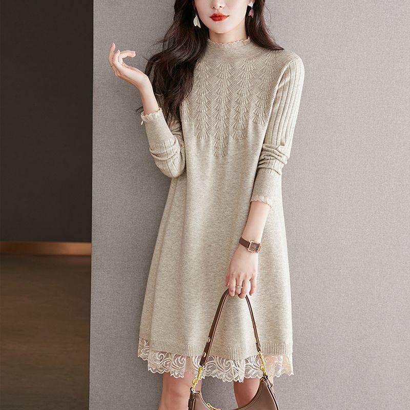 Bottom shirt medium and long sweater skirt autumn and winter clothing women's inner lace 2025 new thin knitted dress loose
