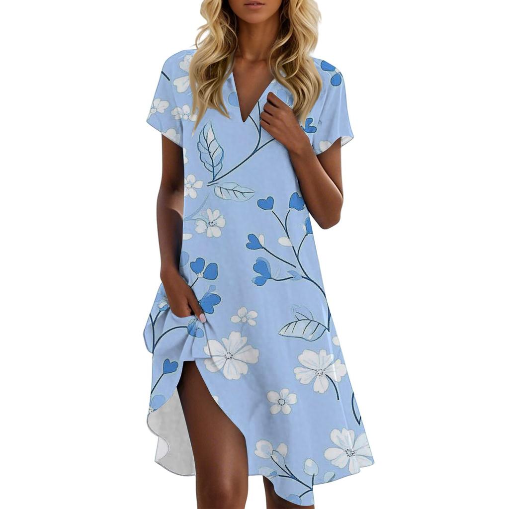 Women's Casual Fashion Stand Collar Floral Print Short Sleeve Dress