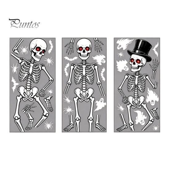 Long-lasting Color Glass Decal 3Pcs Halloween Skeleton Stickers, Waterproof PVC Window Clings, Static Decals, Rent-friendly Removable Stickers