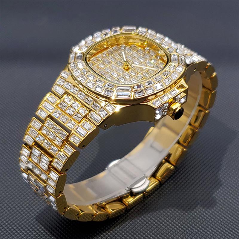 Luxury 18K Gold Men's Watches Hip Hop Style Full Diamond Quartz Wristwatch Punk Ice Out Jewelry Bracelet Clock Relgio masculino