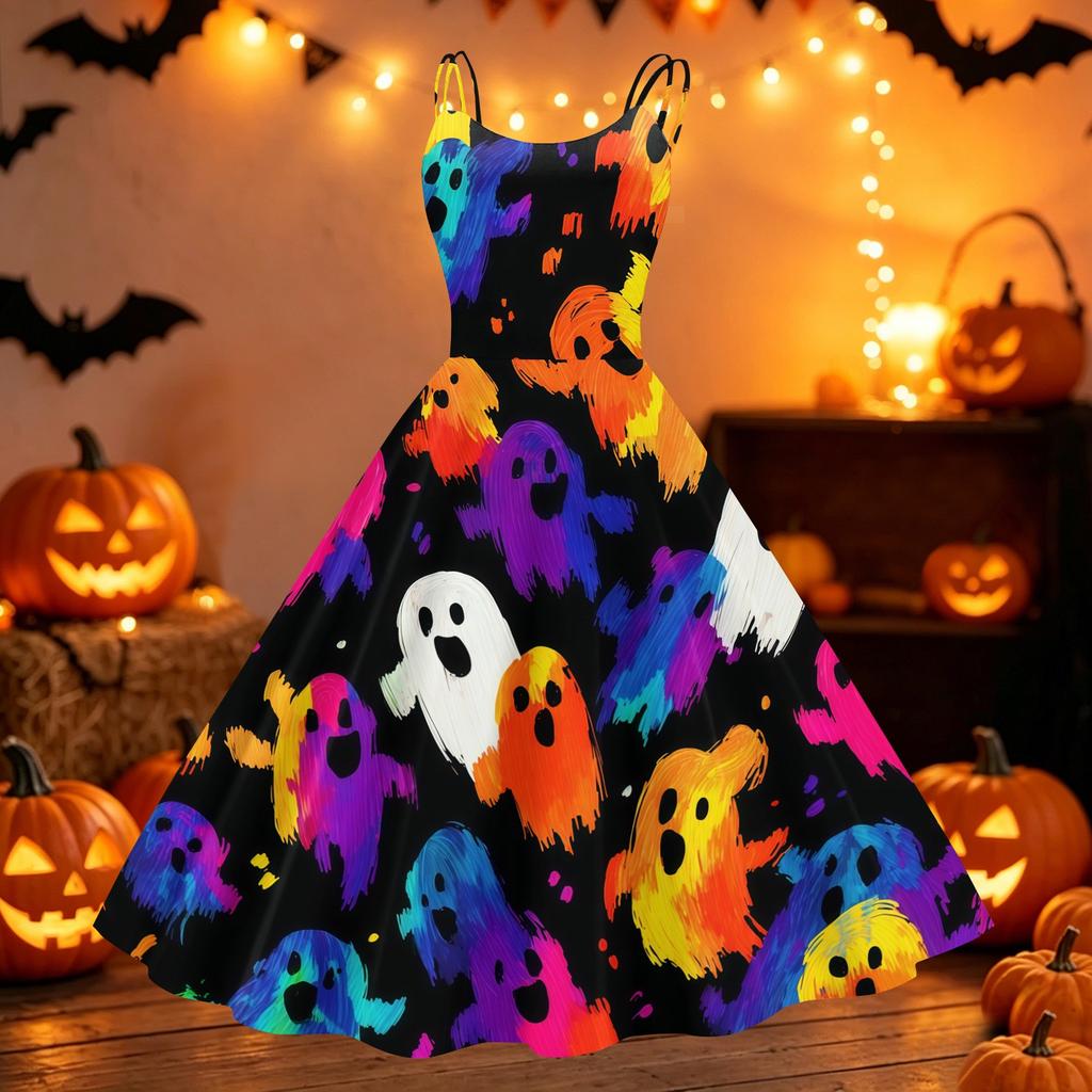 Women's Vintage Punk Off Shoulder Dress Halloween Print Sleeveless Spaghetti Strap Swing Dress Retro Gothic Style Dress