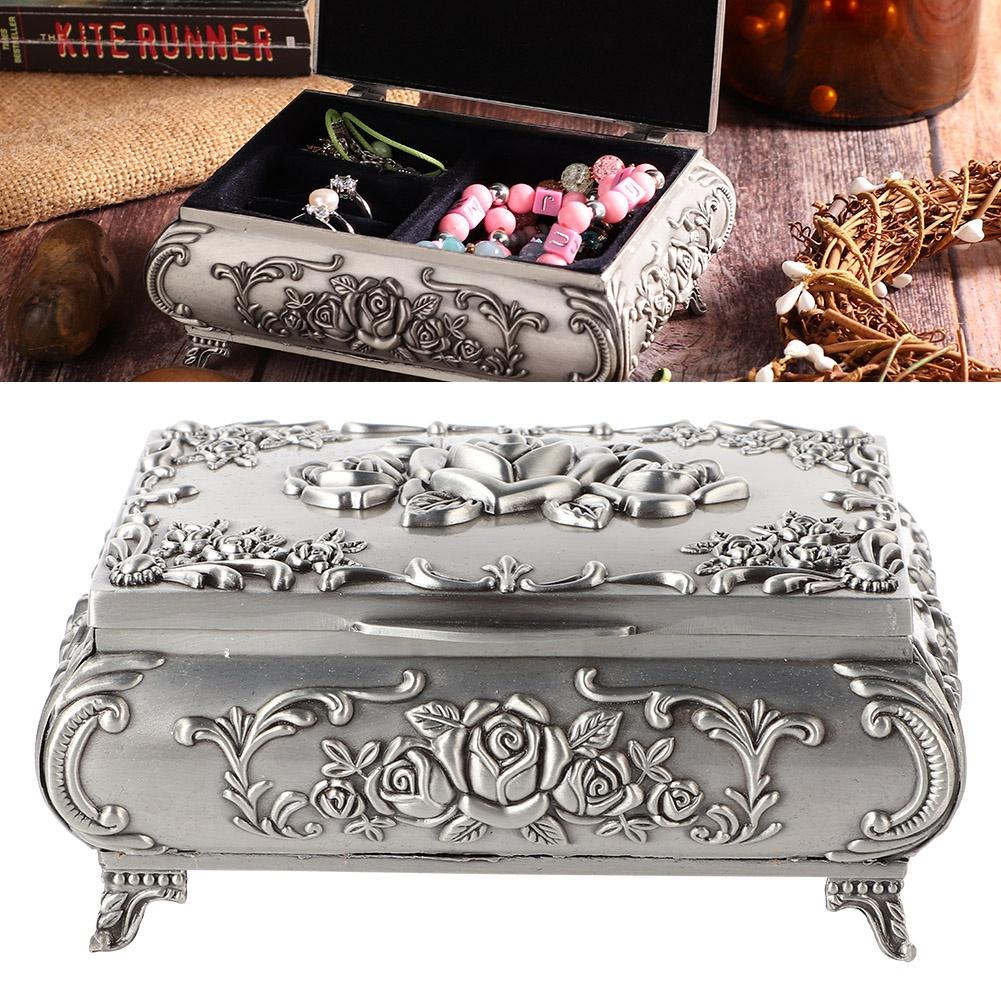 Retro Zinklegierung Metall Stereoskopisch Rose Geschnitzt Schmuckschatulle Ring Ohrring Schatulle (12.5*9.5*5.5)