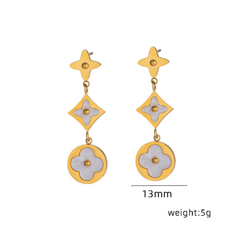 Four Leaf Grass White Shell Stainless Steel Earrings for Women's Versatile Earrings Chain Lock Bone Chain Jewelry Does Not Fade