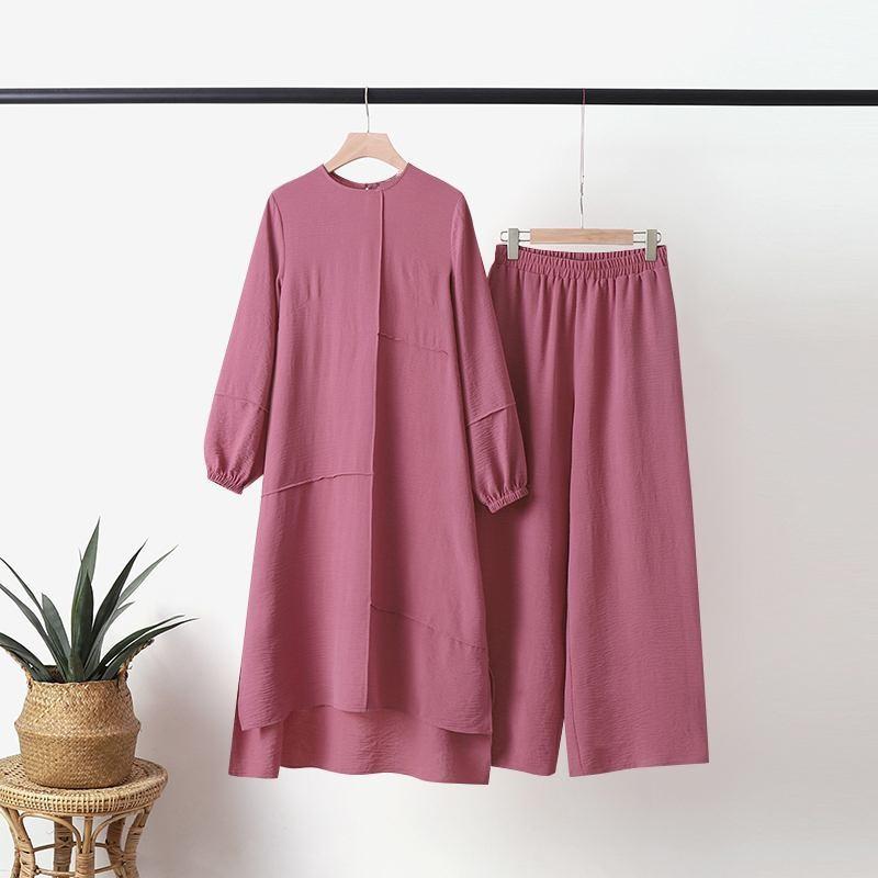 Muslim Women's Urban Sportswear: Elegant Puff Sleeve Shirt & Wide Leg Pants Set