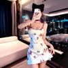 Cat print suspender nightdress chest pad women's summer sleeveless tight skirt sexy waist hip skirt