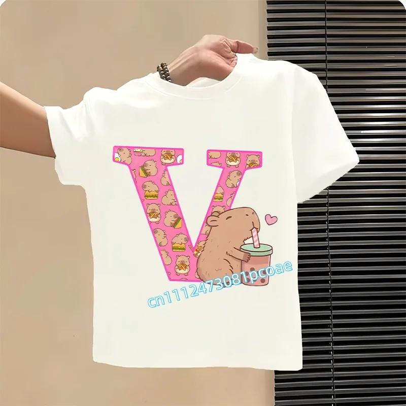 Capibara Cute T-shirt Kids Anime Capybara Letter A-Z Tees Girls Summer Short Sleeve Polyester Tops Children Clothes Gift Hot Sales