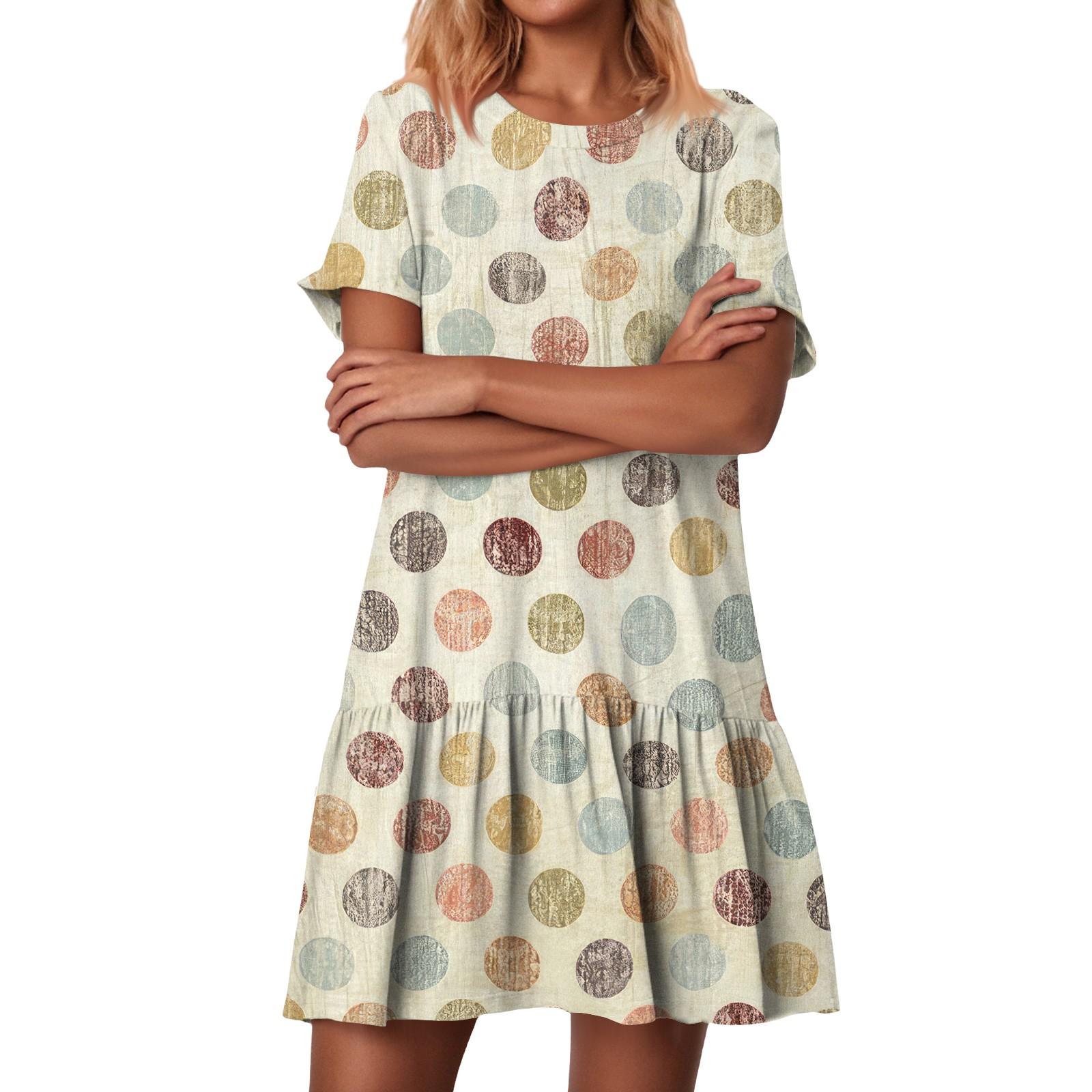 

Женские модные повседневные платья с круглым вырезом и коротким рукавом с оборками и винтажным принтом M бежевый