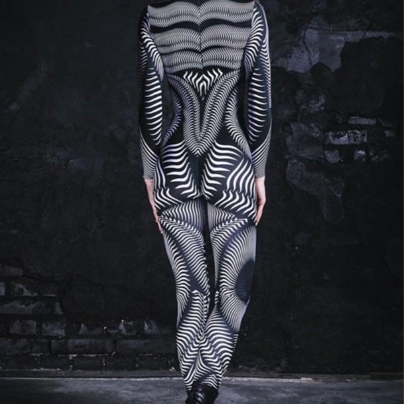 Unisex Cyber Punk 3D Digital Stripe Printing Halloween Party Role Play Outfit Women Men Cosplay Costume Carnival Jumpsuit
