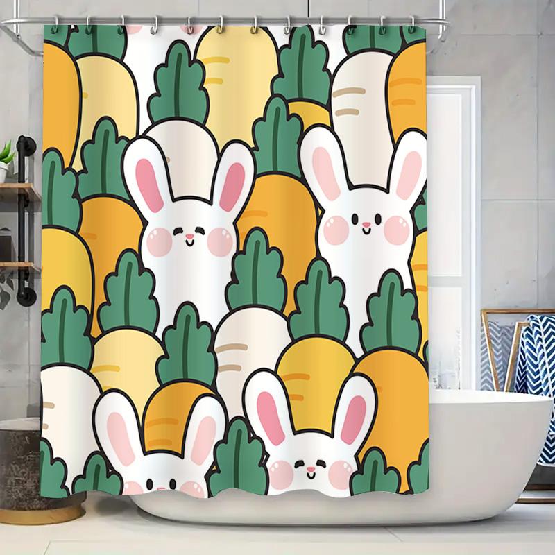 

Adorable Carrot Rabbit Shower Curtain For Bathroom Decor Waterproof Fabric With Hooks Included In Yellow White Colors W60H190(CM)-1 Pcs