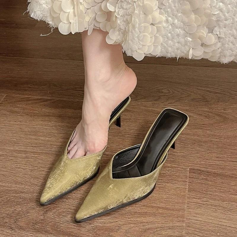 Fashion 2025 New Thin Pointed Thin Heel V-mouth High Heel Temperament Bao Head Half Slippers Women Wear