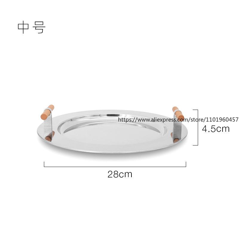 Electroplated Stainless Steel Round Tray Nordic Ins Style Wooden Handle Storage Disc For Tea Cups Plates And Water Cups