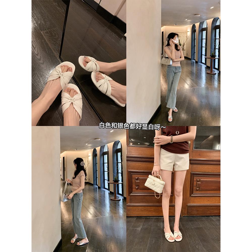 Sheepskin Version~ The Same Square Head Pleated Kink Flat-Bottomed Slippers Women'S Cool Slippers Outer Wear Summer