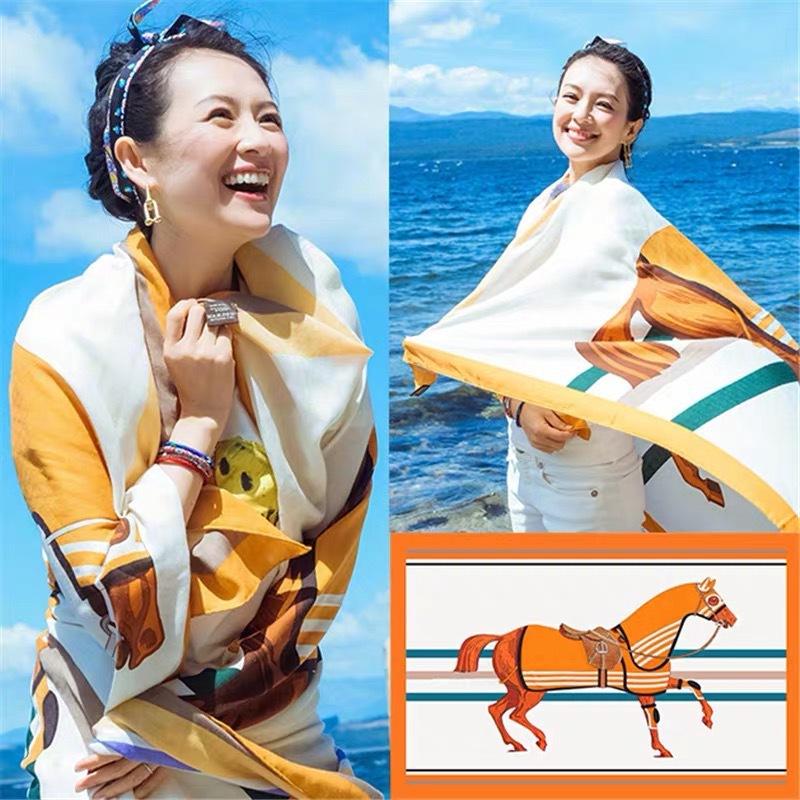 Women's High-Quality Satin Silk Scarf with Printed Design – Versatile for Beach Towel, Sun Protection, or Shawl.