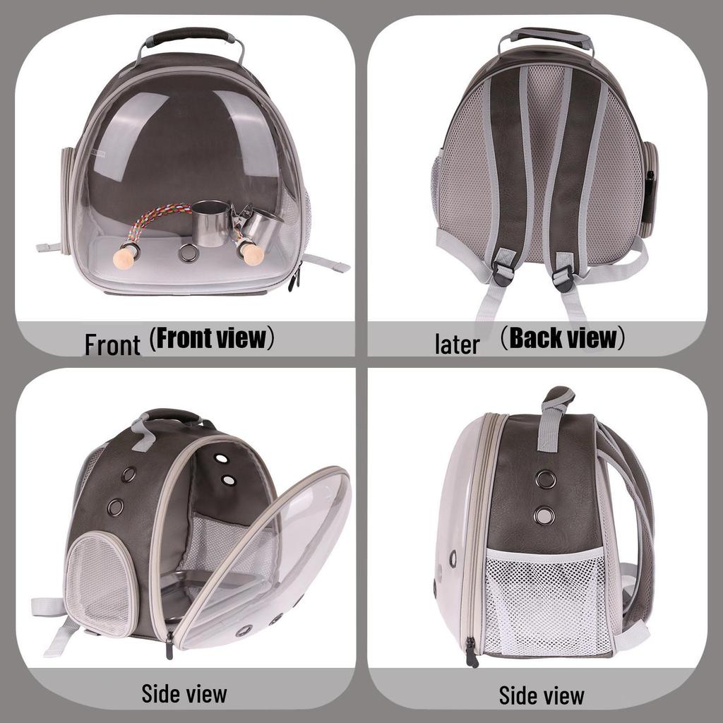 Transparent Leather Bird Carrier with Food Cup - Breathable, Double-Shoulder Portable Handbag for Bird Travel