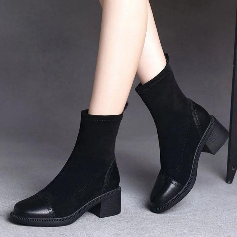 Coarse Heel Pointed Head Suede Splicing Martin Boots Velvet Thin Leather Boots Women's Shoes 2025 Autumn and Winter New Versatile Fashion Boots