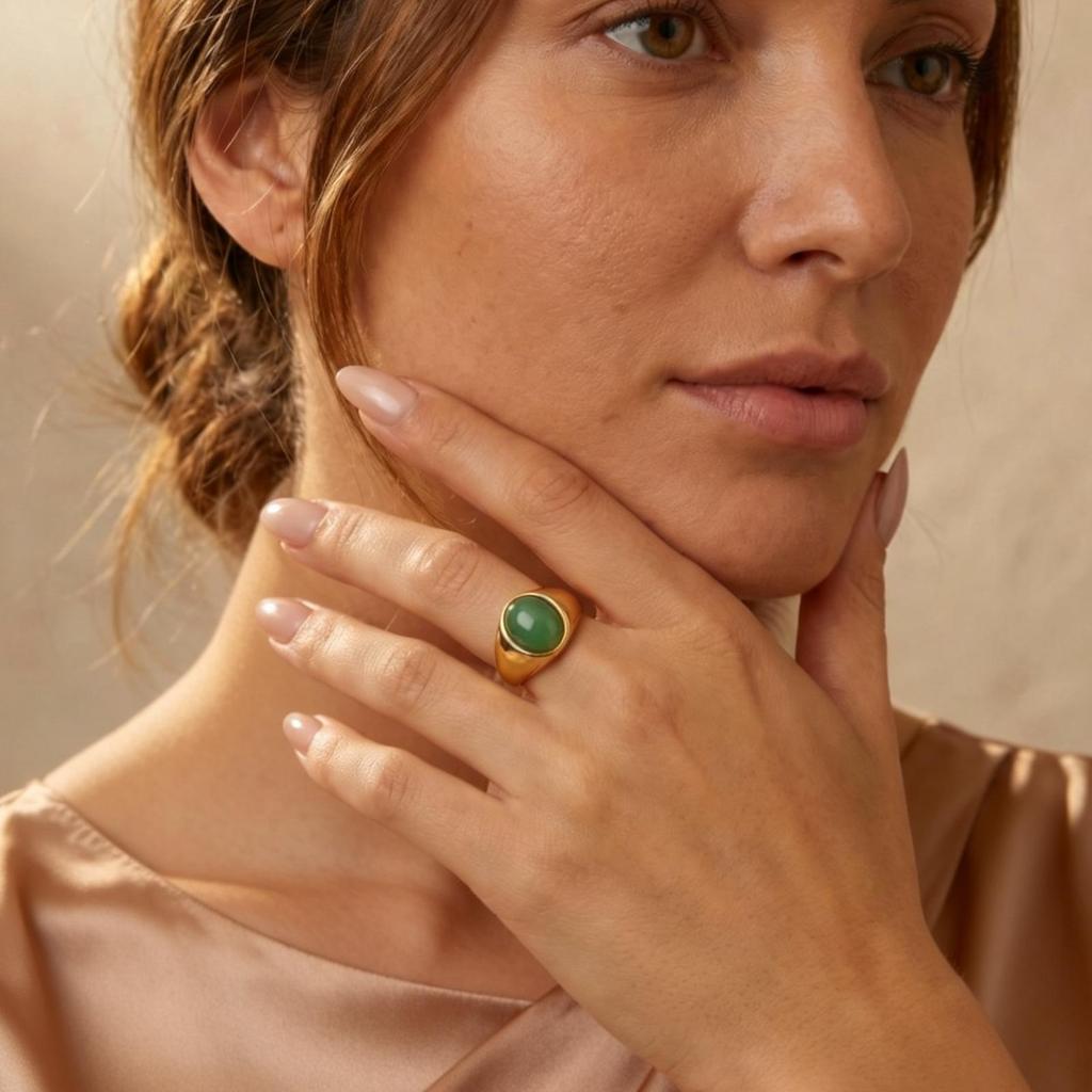 Stainless Steel Oval Natural Aventurine Ring for Women 18k Gold Plated Finger Rings Trendy Jewelry Gift