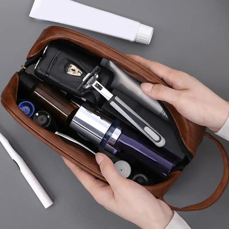 PU Leather Man Woman Handbag Large Capacity Material Portable Handbag Makeup Pouch Travel Wash Bag Vintage