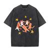 T-shirt Casual Mignon Animal Graphique Étoiles Violet Lavé Vintage Chats Orange Dansants