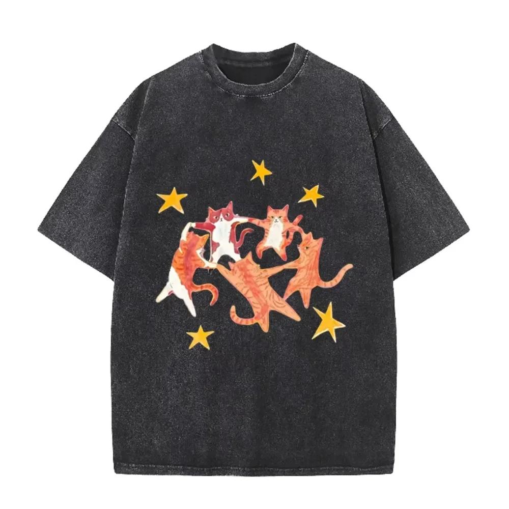 T-shirt Casual Mignon Animal Graphique Étoiles Violet Lavé Vintage Chats Orange Dansants