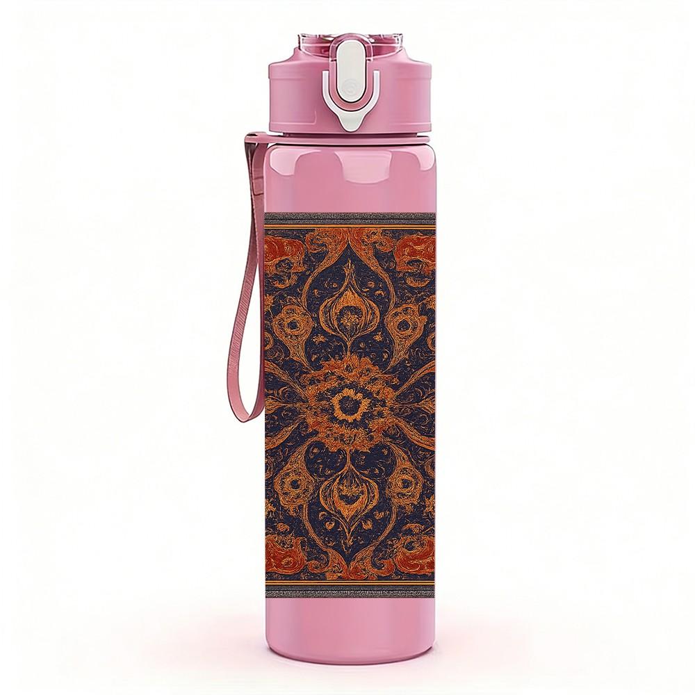 1PC Ethnic Vintage Carpet Pattern Print 750ml Color Plastic Sports Water Bottle Leakproof Flip Straw Lid Suitable for Sports Office Home Use