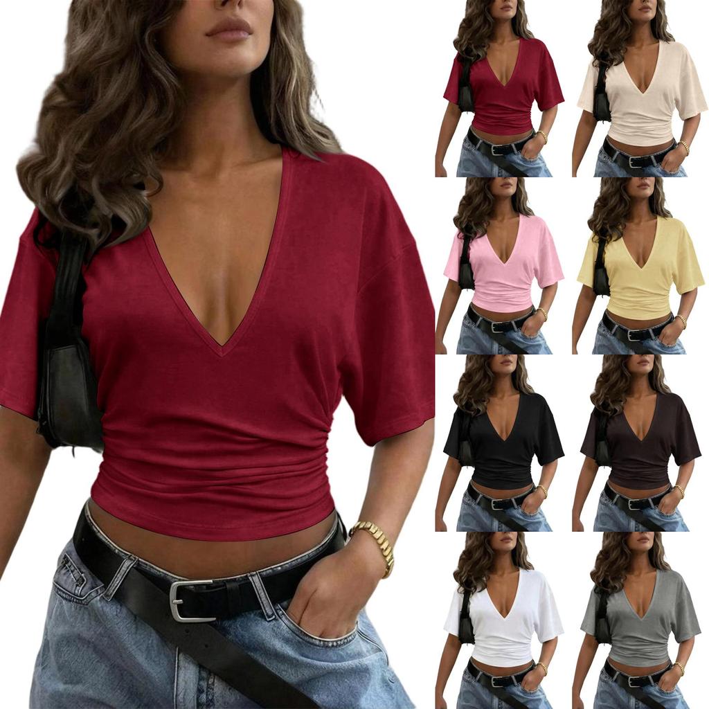 Short Sleeve Blouses for Women V Neck Ruched Design Womens Short Sleeve Shirts Casual Loose Fit Women's Short Sleeve Tops