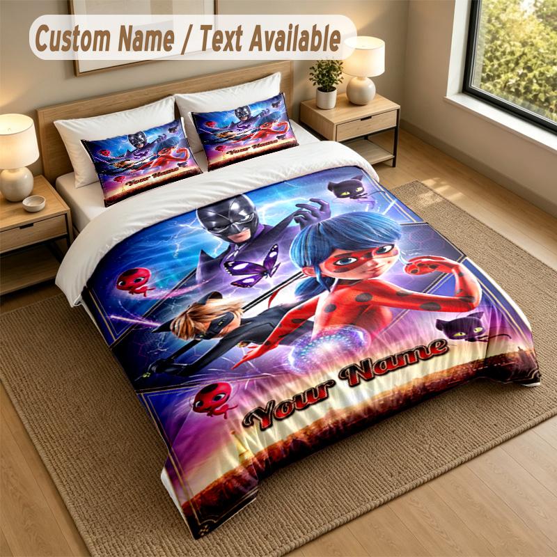Set Biancheria da Letto 3 Pezzi con Nome Personalizzato, Miraculous Ladybug 1 Copripiumino 2 Federe Biancheria da Letto Morbida per Regalo