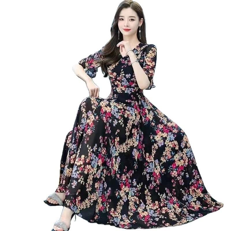 Summer Floral Dress With Polyester Fabric And High Waist For Women