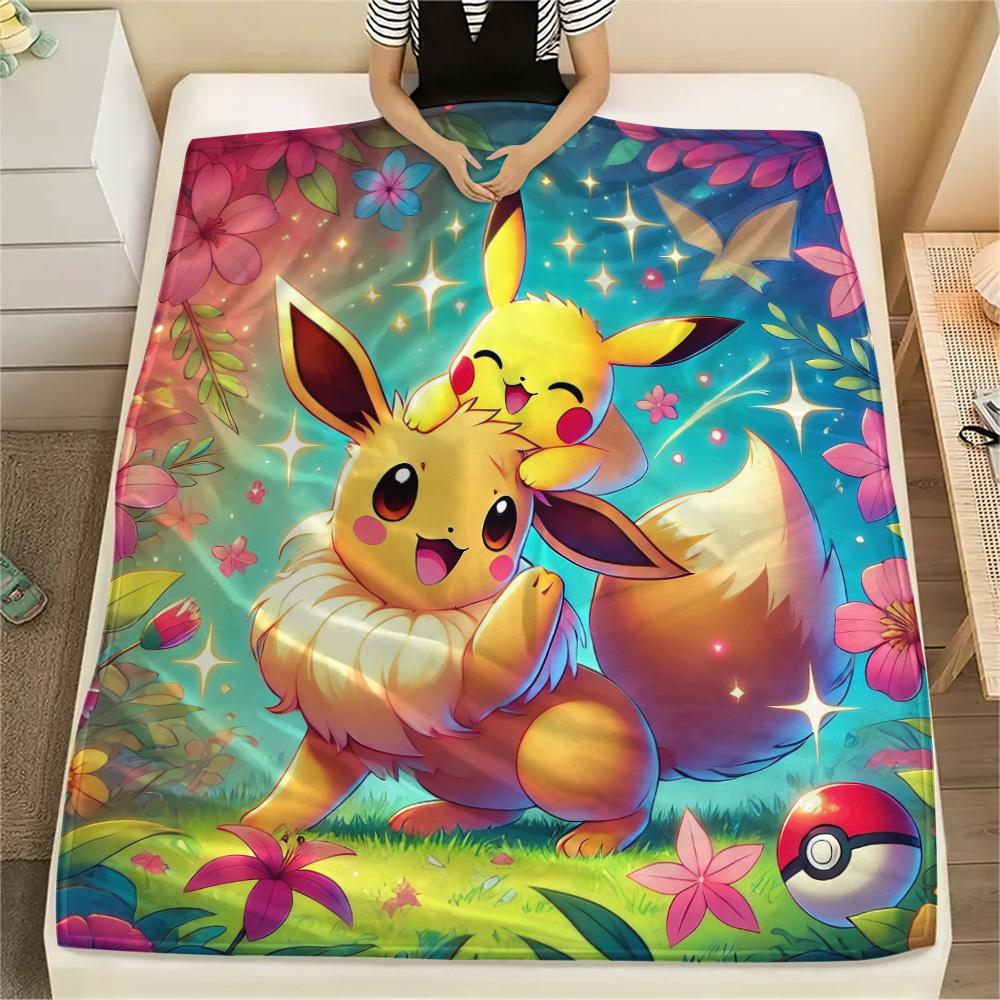 Pikachu and Eevee  Print Flannel Blanket, High quality Comfortable for All Seasons, Home Decor, Warmth and Comfort