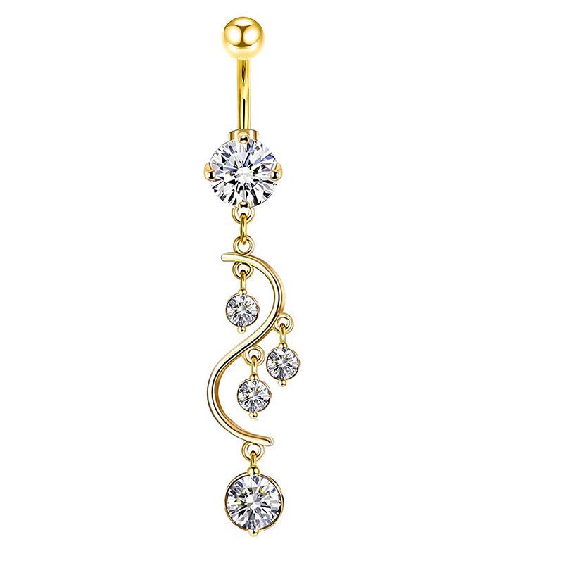 Piercing pentru buric din zirconiu și cupru cu accente aurii, cu inel argintiu și cataramă din oțel inoxidabil